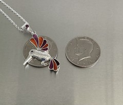 Peruvian Hummingbird Pendant Necklace PurpleOrange Inlay Spiny Oyster Shell 18″