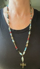Vintage Artisan Ceramic Natural Stones Beaded Dragonfly Necklace Earrings Set