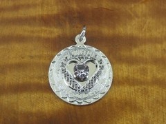 Round word Mother Heart Pink Cubic Zirconia Sterling Silver 925 Pendant or Charm