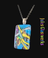 Large Hand Crafted Dichroic Fused Glass Pendant Necklace W/ Chain #1219