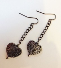 Heart Gun Metal Earrings Chain Ornate Engraved Handcrafted Dangle Hook Gift New