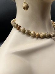 GOLD WIRE WRAPPED PICTURE JASPER HEART PENDANT NECKLACE EARRING SET