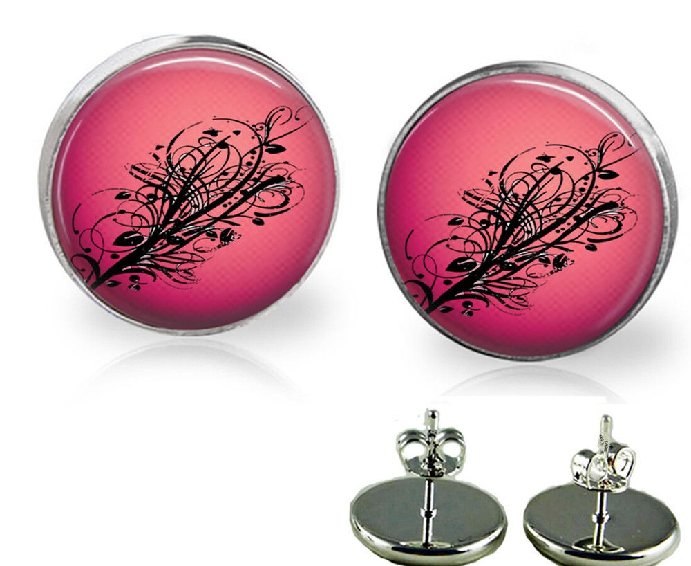Floral Swirls Glass Top Stud Earrings In 3 Sizes Handcrafted Photo Jewelry