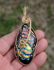 Large Dichroic Glass Pendant 14K Gold Filled Wire-Wrapped Iridescent Multi Color