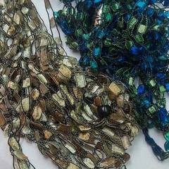 2 Handcrafted beaded statement necklace glass blue green brown thread women