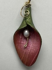 HANDMADE “Sylvan Spirit” Calla Lily Pendant with Freshwater Pearl, Gold Filled
