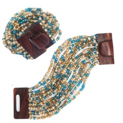 Translucid Blue, Bone White, Gold BALI Bracelet Hardwood Buckle Clasp Elastic