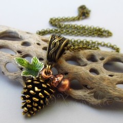 Golden Autumn Necklace With Gold Pine Cone, Copper Acorn And Green Leaf Charms