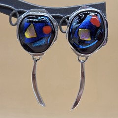 Sterling Silver 925 Mosaic Enamel Metallic Colorful Dangle Statement Earrings