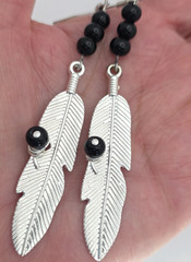 Feather Earrings Silver Plated Long Dangle Black Beaded Boho Western 60mm
