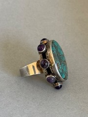 Vintage Sterling Silver with Turquoise and Amethyst Ring 1 1/4” Size 9 3/4
