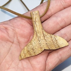 Wood Whale Tail Pendant Necklace Hand Carved 24″ Leather Cord Strength Power