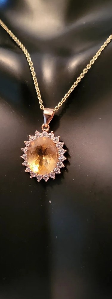 Ladies Faceted Oval Citrine Gemstone With CZ’s Accents Setting & Chain. 925 S. S