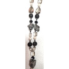 Mica Stone AB Crystal Glass Beaded Fringe Necklace Magnetic Clasp Gray Boho