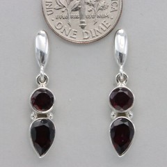 Faceted Red Drop and Round GARNET Post Earrings 925 STERLING SILVER #35-Pe