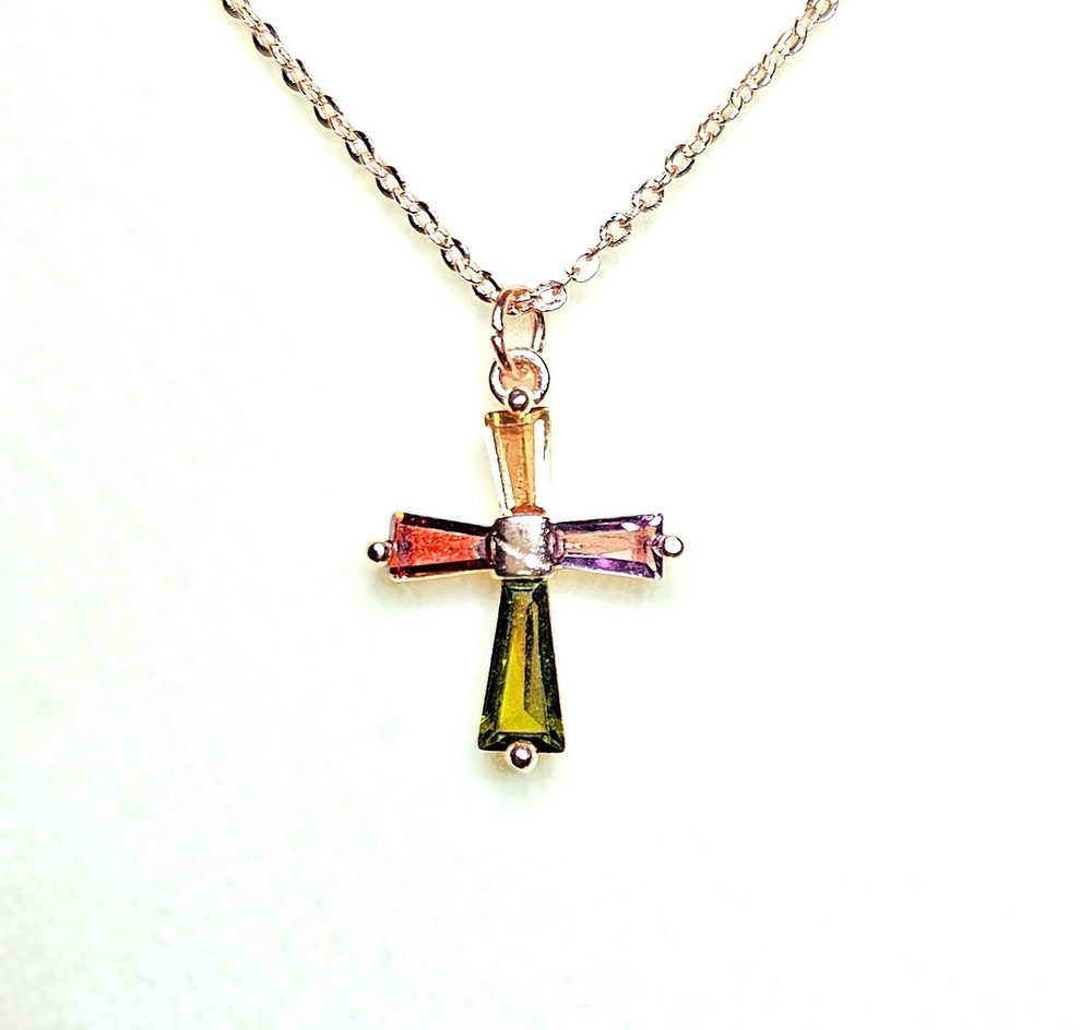 Multicolor CZ Cross Pendant Red Yellow Green Purple Dainty Adjustable Necklace
