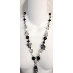Mica Stone AB Crystal Glass Beaded Fringe Necklace Magnetic Clasp Gray Boho