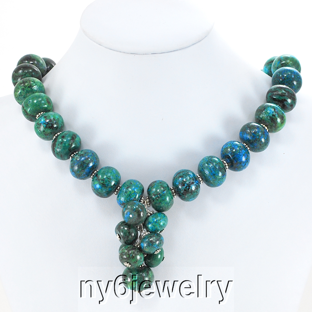 Handmade Blue/Green Chrysocolla Silver Toggle Statement Bib Necklace 18.5″