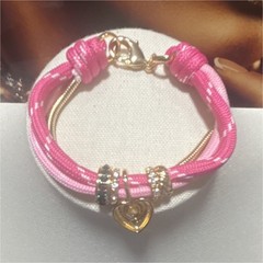 Pink Cord and Gold Dangle Heart Charm Bracelet, Beaded, Love Theme, Unisex