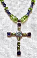 LOVELY Designer Sterling Silver, Blue Topaz, Iolite & Peridot Cross Necklace