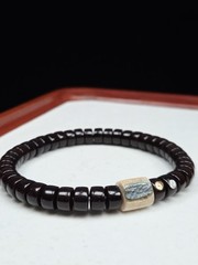 7.8mm Black Coconut Shell Bracelet | Mammoth Ivory Bead | Gold & Silver Inlay