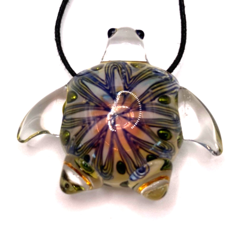 Hand Blown Art Glass Multi Color Flower Design Sea Turtle Necklace