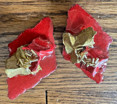 1980s Paper Mache Earrings 3D Pinkish Red & Gold Handmade MOD 3×1.5”