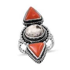 Artisan Crafted White Buffalo and Mediterranean Coral Ring in Sterling Sz 6