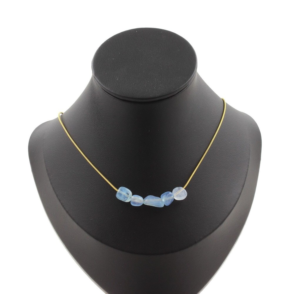 Stones And Minéraux. Necklace 5 Beads Aquamarine From Brazil. Chain Steel D