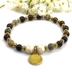 Jasper bracelet with family tree charm 6mm healing gemstone stretchy for women