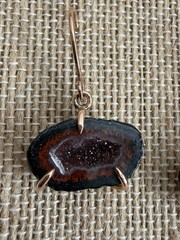 Brown/Black Quartz Druzy Geode Slice Hook Dangle/Drop Earrings in rose gold