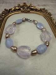 Artisan Made Blue Lace Agate and Phantom Quartz with Glass Pearls Bracelet – 8″