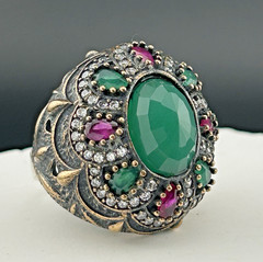ARRAUS 925 Silver Bronze Ottoman Statement Ring SZ 8 Simulated Emerald Multi-Gem