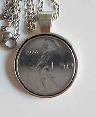 1975 Vintage Italian 50 Lire Coin Pendant, Necklace- Roman God Vulcan