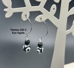 Tibetan DZI Agate 3 Eye & Faceted Black Tourmaline Genuine Stone Earrings