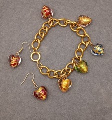 Murano Glass Hearts Gold Foil Jewelry Set, Bracelet & Earrings, Colorful swirls