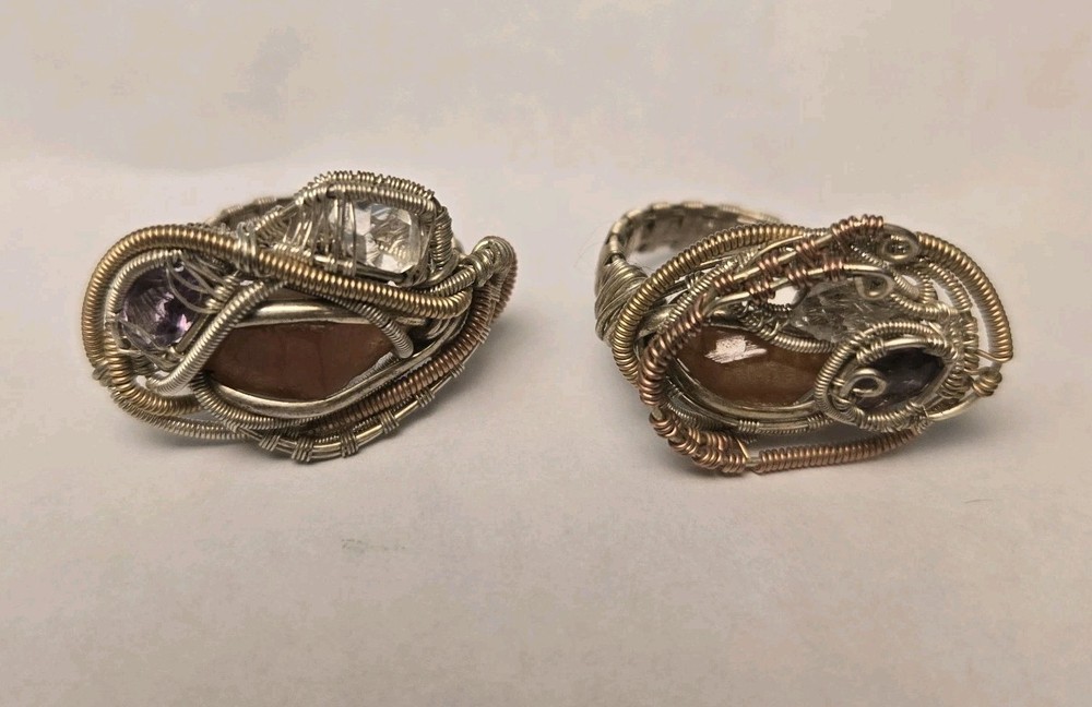 Handmade Wire Wrapped Rings Set Of 2 Copper Citrine Amethyst Quartz Size 10