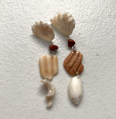 Handcrafted Shell Stone Beaded Dangle Earrings White Brown Beach Hook