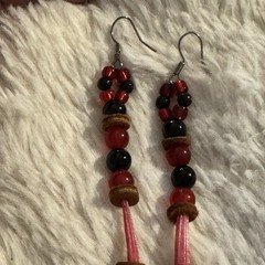 Alaska Native Style Beaded Dangle Earrings Hematite Heart Leather Artisan