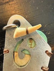 Blonde Shark Tooth Pendant Turquoise Wrapped Copper Handmade Artisan Signed