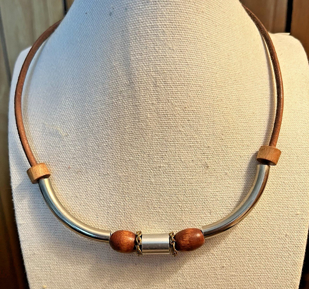 Scandinavian Style Modernist Leather Collar Necklace Wood & Brushed Silver 16”
