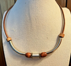 Scandinavian Style Modernist Leather Collar Necklace Wood & Brushed Silver 16”