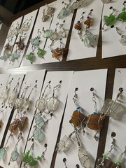 3 Pairs Womens Earrings Beaded White Blue Green Beach Glass Silver Dangle Lobe