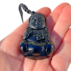 Black Obsidian Baby Buddha Necklace Amulet Pendant With Long Black Cord Chain