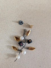 Pierced Dangle Artisan Earrings w/ Faux Pearls Rhinestones & Gold Colored Leaves