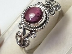 GARNET CAB IN TRENDY FILIGREE & HALO SET STL. SILVER.925 RING SIZE 8.25-8.5