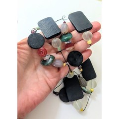 Artisan Colorful Art Glass & Black Wood Double Strand Cord Bohemian Necklace