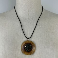 Handcrafted Wood and Resin Pendant Necklace 20″ Cord Copper Clasp Rustic Art