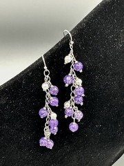 Purple Dyed Quartz and White Glass Pearl Dangle Earrings