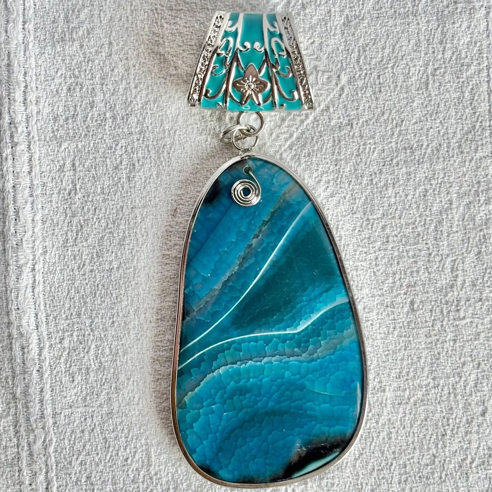 Large Teal Sliced Agate Geode Stone Pendant Enamel Slide Bale
